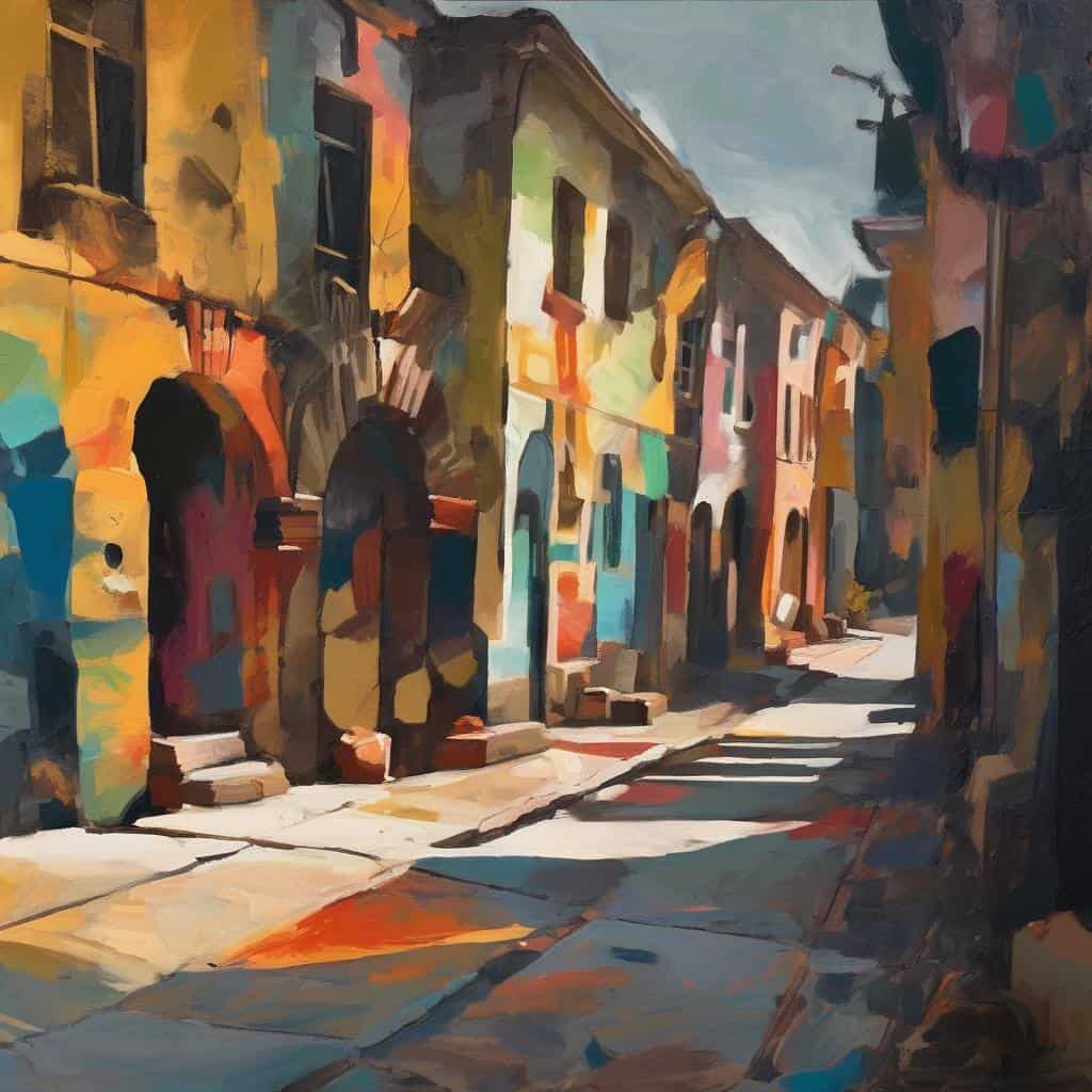 Φωτογραφία πολιτιστικής πόλης σε στυλ ελαιογραφίας, ομιχλώδης ατμόσφαιρα, χρωματιστά κτίρια, τέχνη, λεπτότητα, ιστορική αρχιτεκτονική, καμβάς, λευκή άποψη, ελληνική τέχνη.
