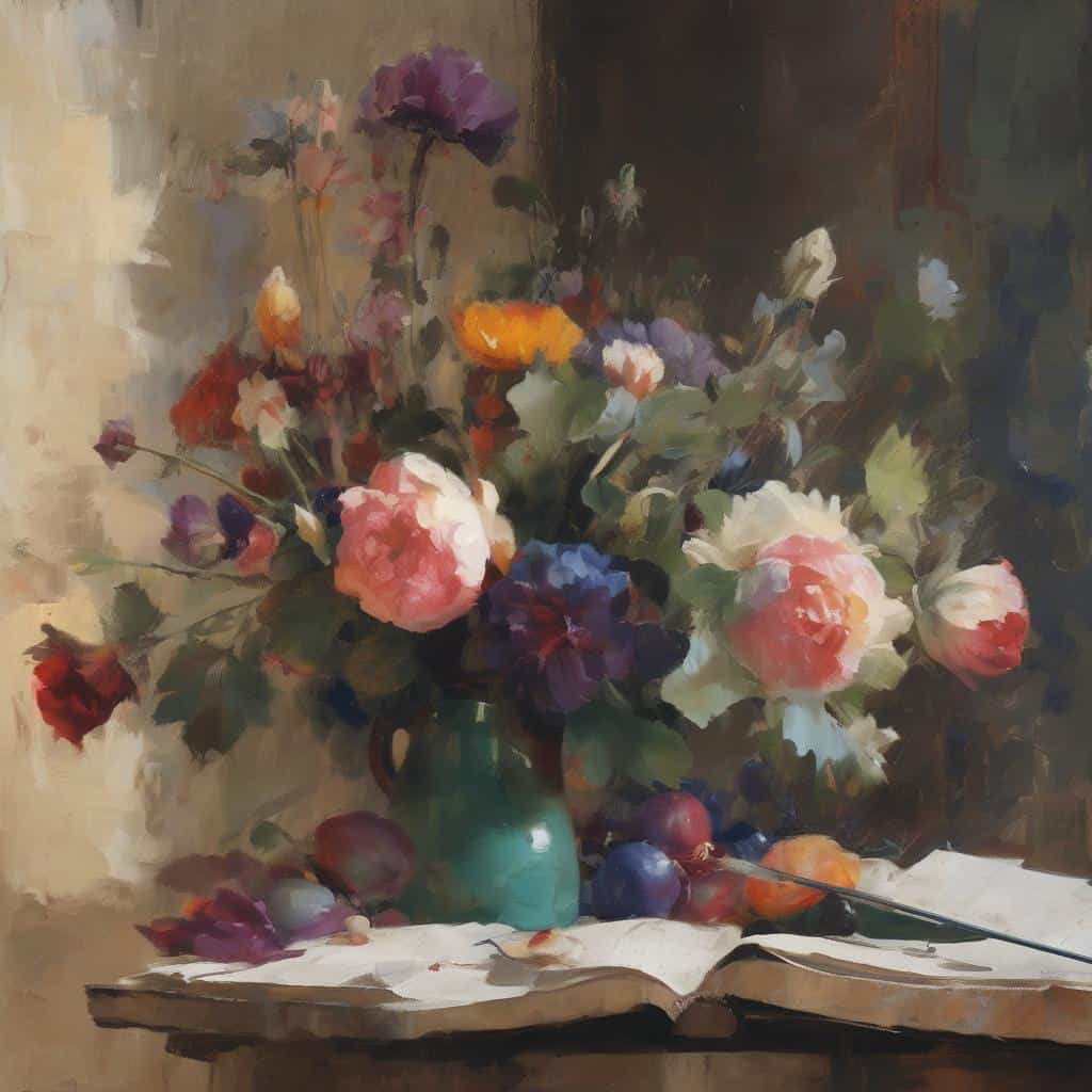 ρινγκ λουλουδιών σε πίνακα, εστίαση στην τέχνη και την λεπτότητα της ζωγραφικής.