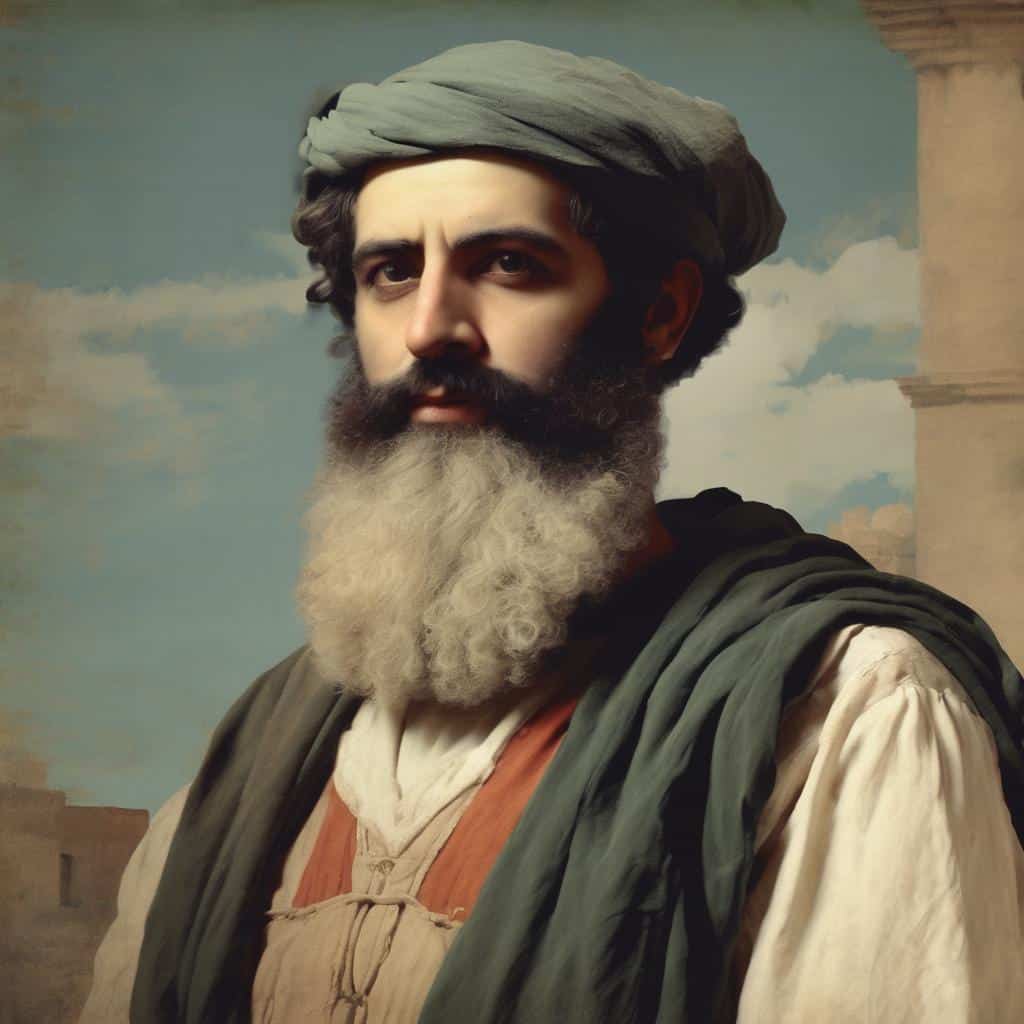 Ανδρας με παραδοσιακή ενδυμασία και γκρίζα μύτη, ιστορικό πορτρέτο, τέχνη της λεπτομέρειας και εικαστικές αποδόσεις.