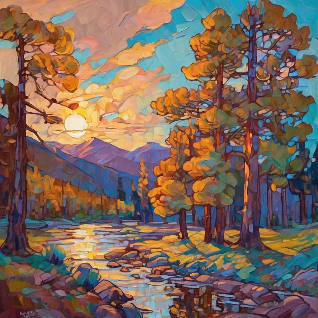 Φωτογραφία σε κυβιστικό στυλ από το ηλιοβασίλεμα σε φυσικό τοπίο με δέντρα και ποτάμι, αναδεικνύοντας το λεπτό στην τέχνη.
