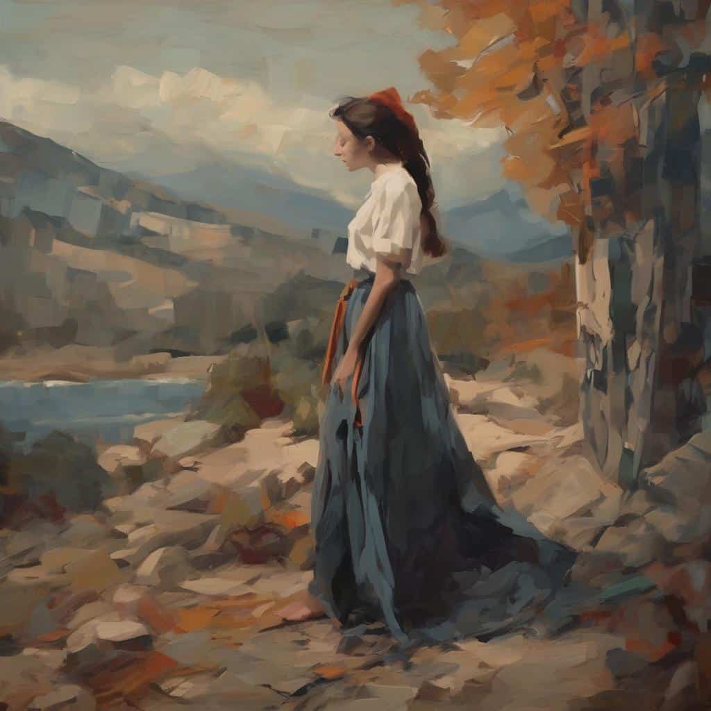 Λεπτό στον χώρο της τέχνης, γυναίκα σε παλαιική τοπιογραφική σκηνή, περιβάλλεται από φύλλα και βουνά.