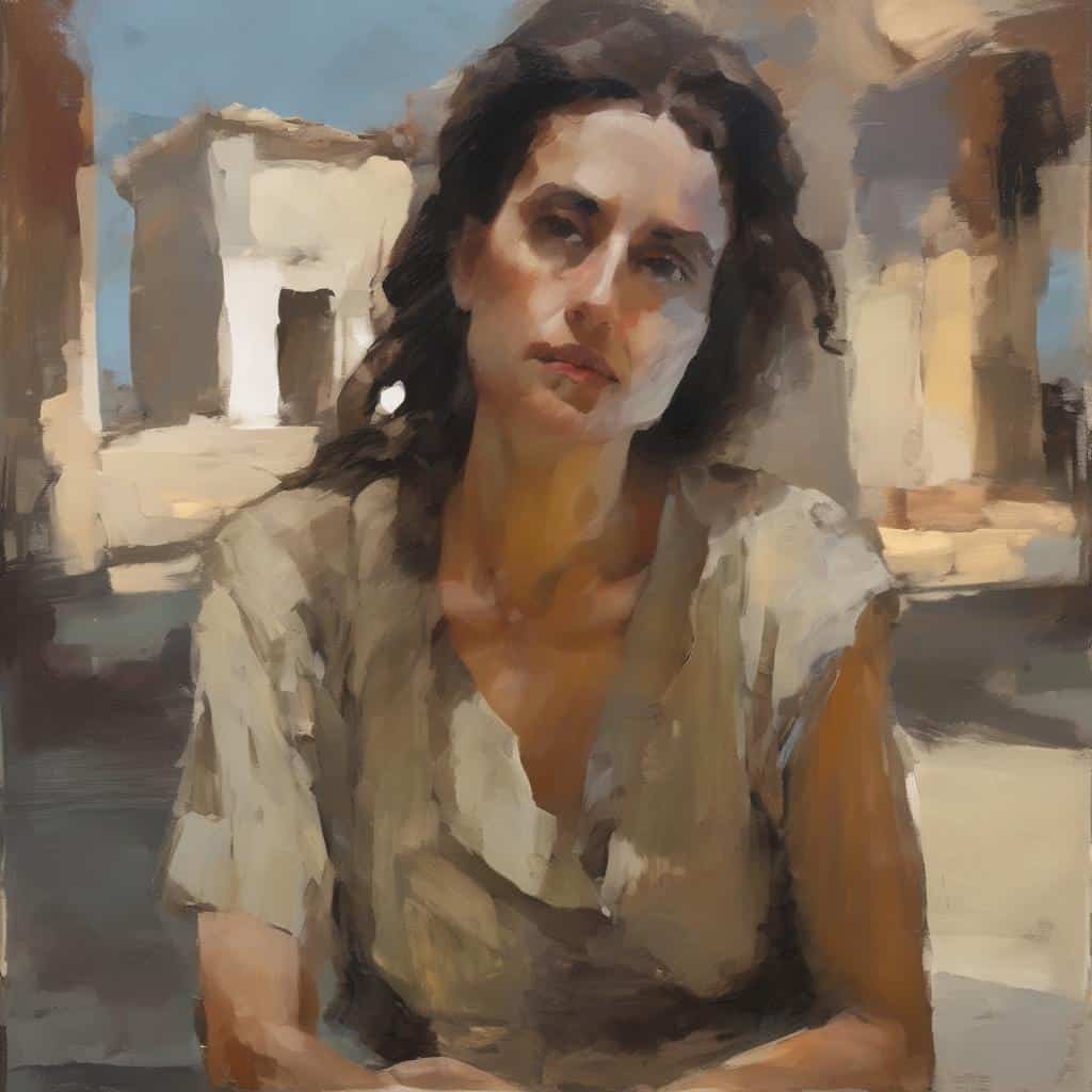 Σύγχρονο πορτρέτο γυναίκας σε εντυπωσιακή ζωγραφική τεχνική, με έμφαση στην λεπτομέρεια και την έκφραση.