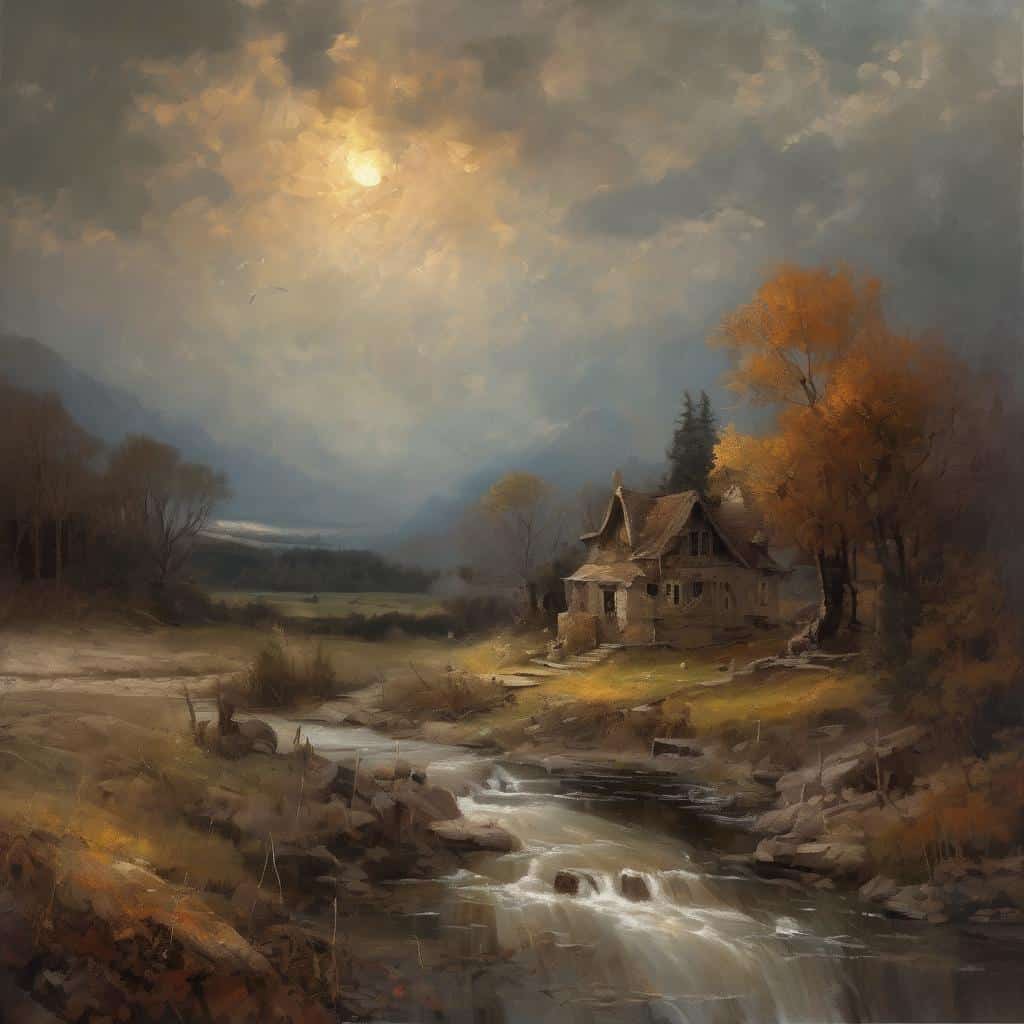 Θέα παλιάς καλύβας κοντά σε ποτάμι με δέντρα και βουνά, ηρεμία και φυσική ομορφιά, τέχνη τοπίου και λεπτές αποχρώσεις.