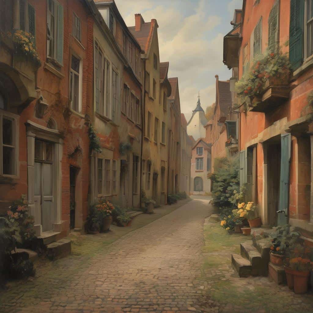 Παλιό σοκάκι με παραδοσιακά κτίρια και λουλούδια, βυζαντινή αρχιτεκτονική, τέχνη λεπτού σχεδιασμού, ιστορική ατμόσφαιρα, πολιτιστική κληρονομιά, καλλιτεχνική έκφραση.