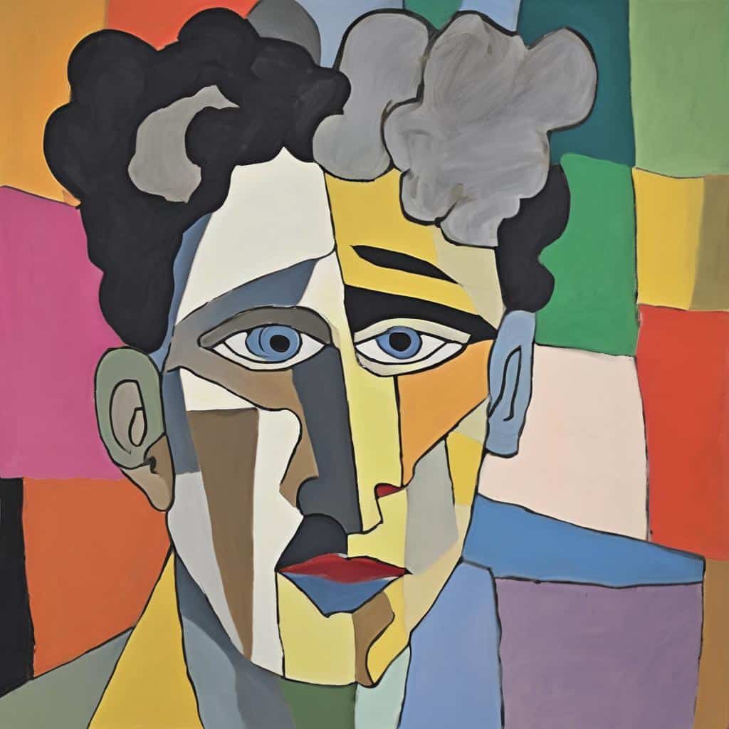 Ζωγραφική πορτρέτο σε αφηρηστικό στυλ, με έντονα χρώματα και γεωμετρικά σχήματα, αναδεικνύοντας το λεπτό στην τέχνη.